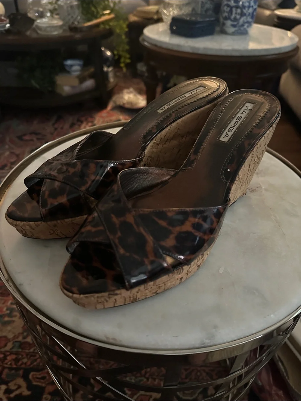 Via Spiga Leopard-Print Patent Cork Wedge Sandals - Brown/Black
